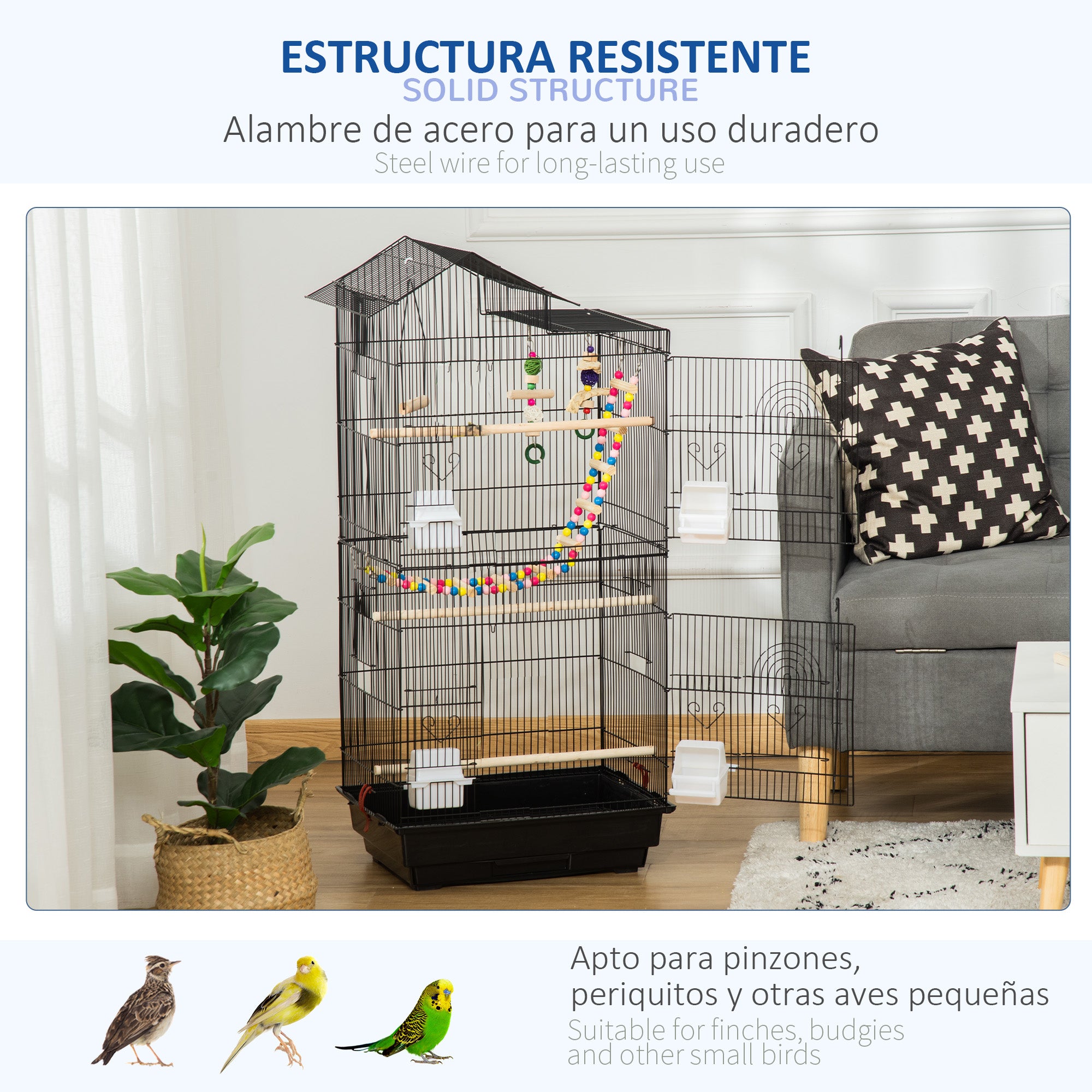 Bird Cage Aviary with Multiple Doors 4 Feeders 3 Perches Swing Ladders and Removable Tray for Parrots Canaries Budgies 46x36x100 cm Black