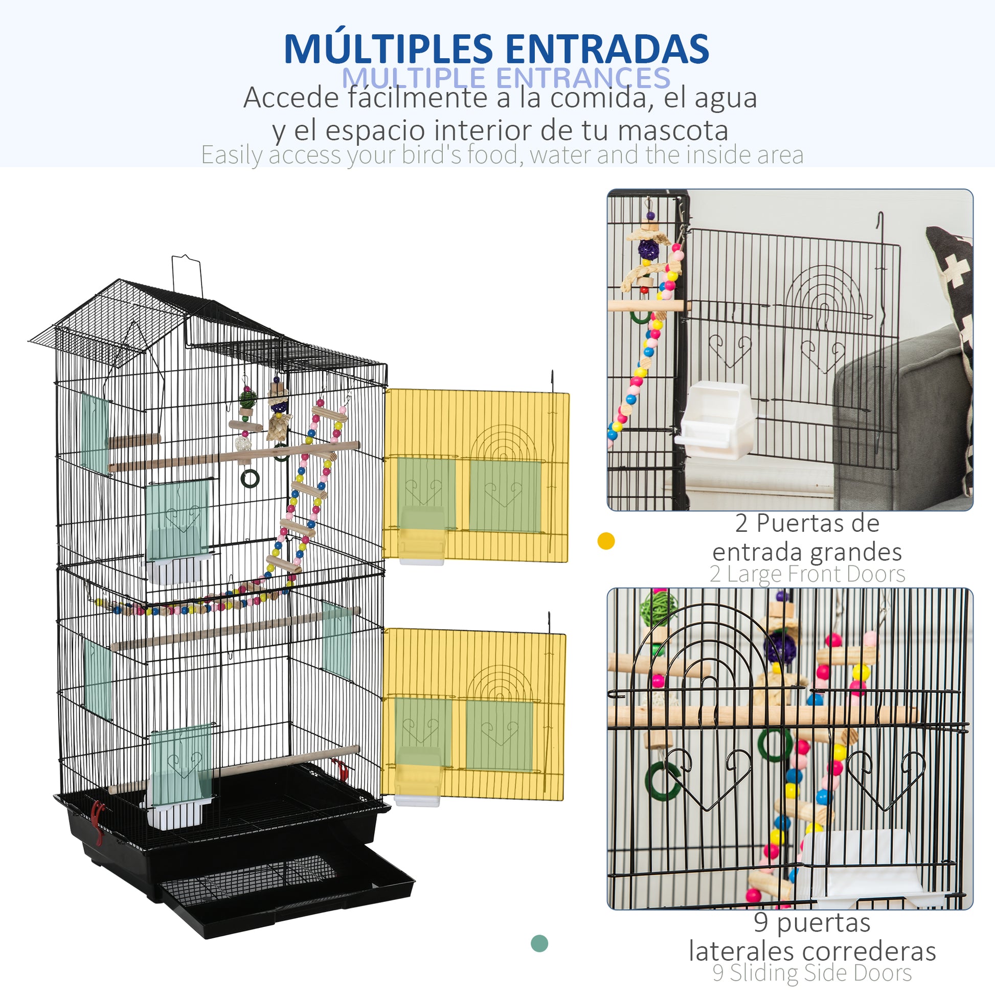 Bird Cage Aviary with Multiple Doors 4 Feeders 3 Perches Swing Ladders and Removable Tray for Parrots Canaries Budgies 46x36x100 cm Black