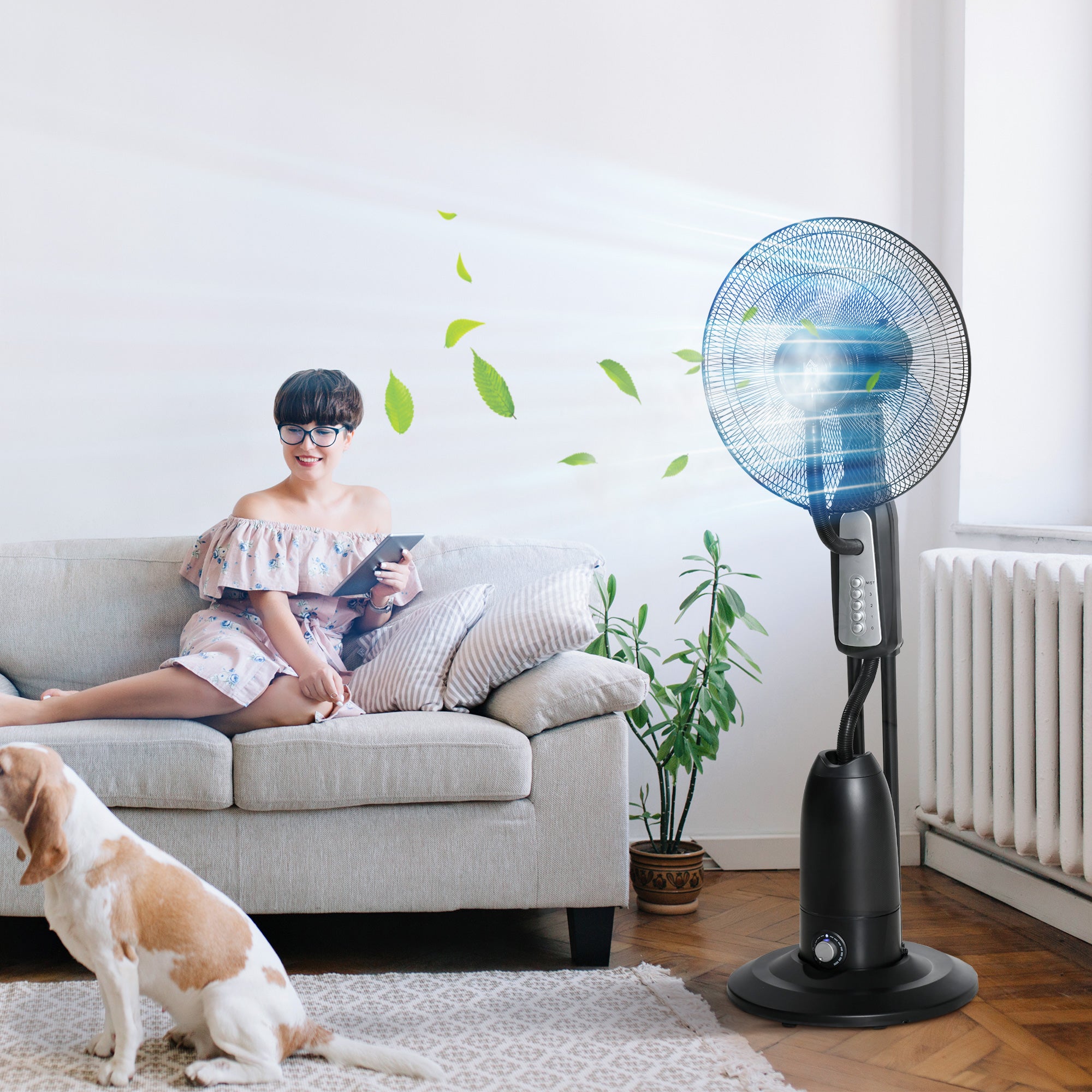 Water Cooling Fan, Stand Fan with Adjustable Spray Mist, 3 Speeds, 2.8 L Water Tank, 70° Oscillating, 90 W Water Fan with Wheels, 120 cm