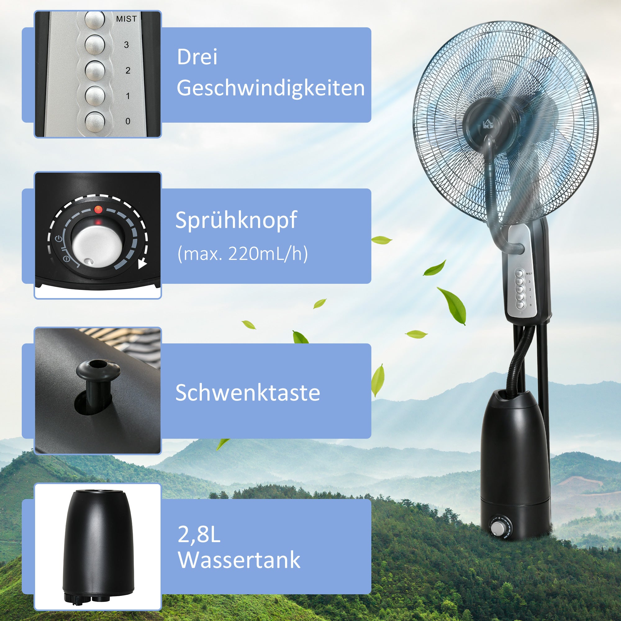 Water Cooling Fan, Stand Fan with Adjustable Spray Mist, 3 Speeds, 2.8 L Water Tank, 70° Oscillating, 90 W Water Fan with Wheels, 120 cm