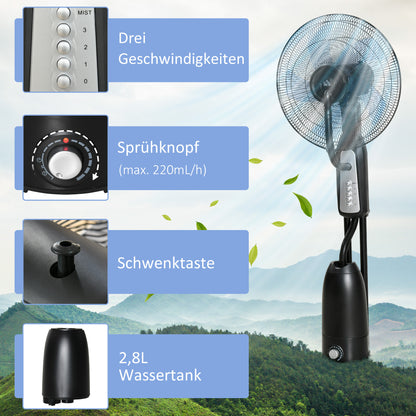 Water Cooling Fan, Stand Fan with Adjustable Spray Mist, 3 Speeds, 2.8 L Water Tank, 70° Oscillating, 90 W Water Fan with Wheels, 120 cm