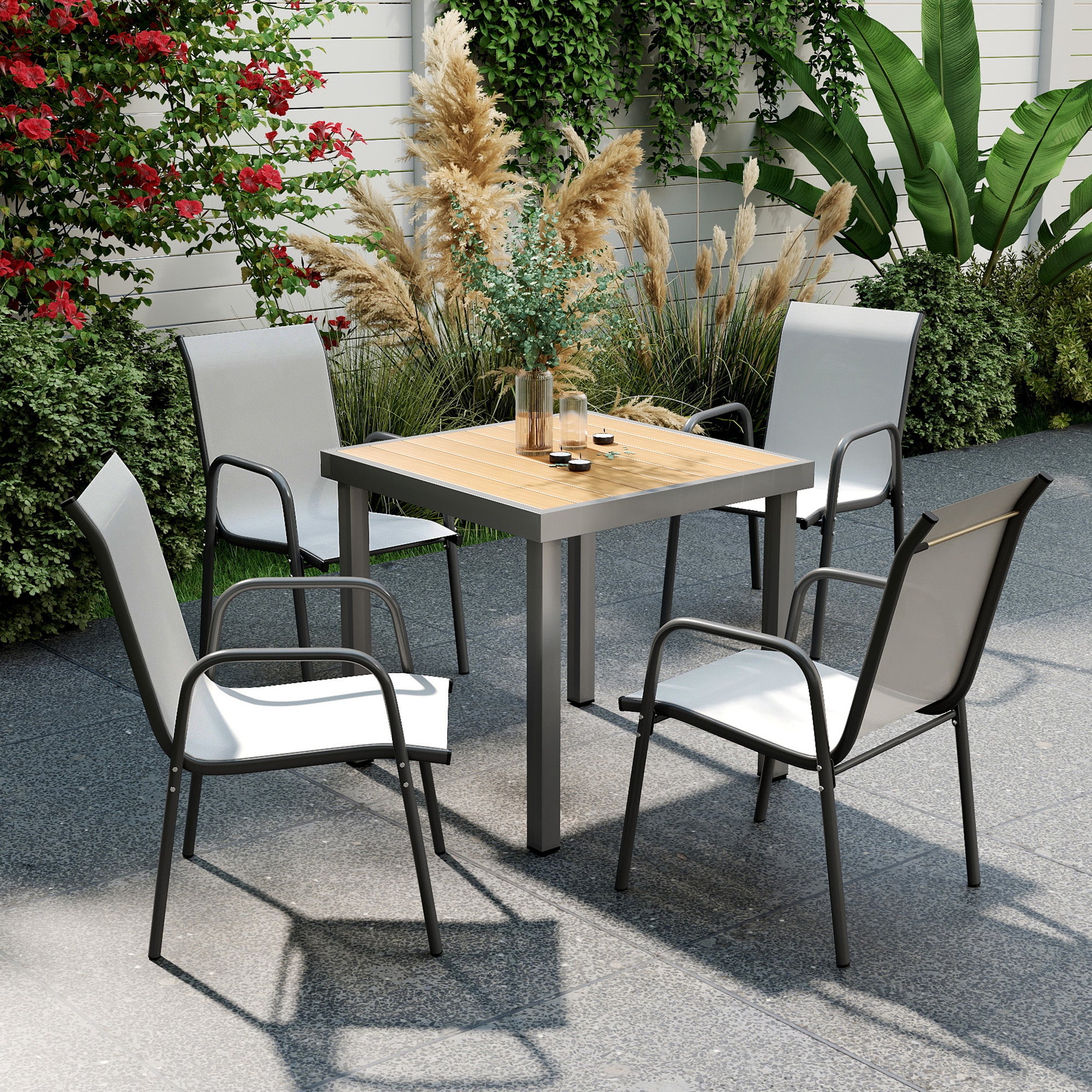 Garden Chairs 4-Piece Set — Stackable Patio Chairs with Breathable Backrest, Armrests, Weather-Resistant, 265 lb Capacity, Stackable for Garden/Balcony/Terrace — 20.1 x 27.2 x 34.3 in — Light Gray