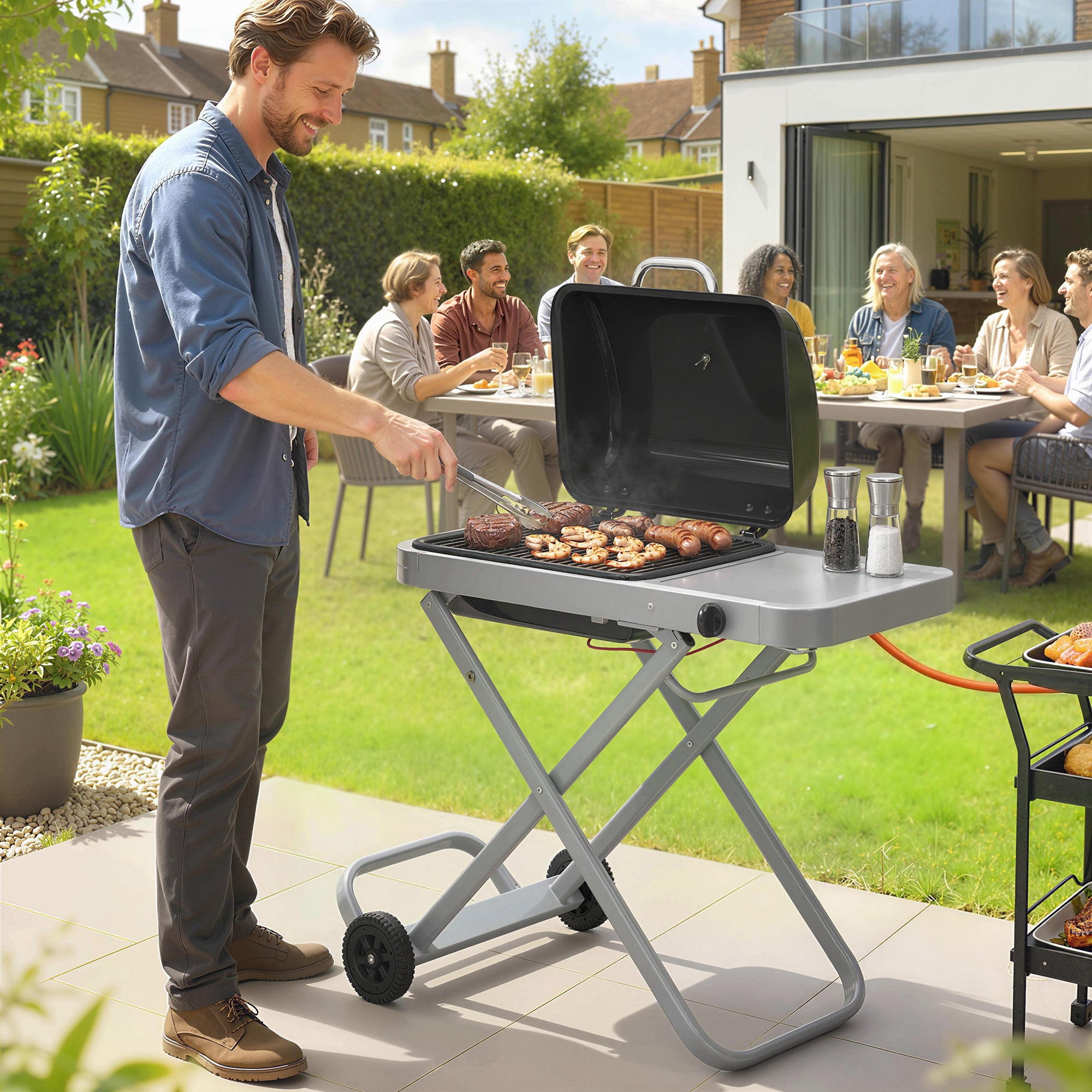 Portable 1-Burner 2.5 kW Folding Gas Grill with Cart, Side Shelf, Lid Thermometer & Drip Tray — Tabletop Outdoor Grill for BBQ, Camping & Garden
