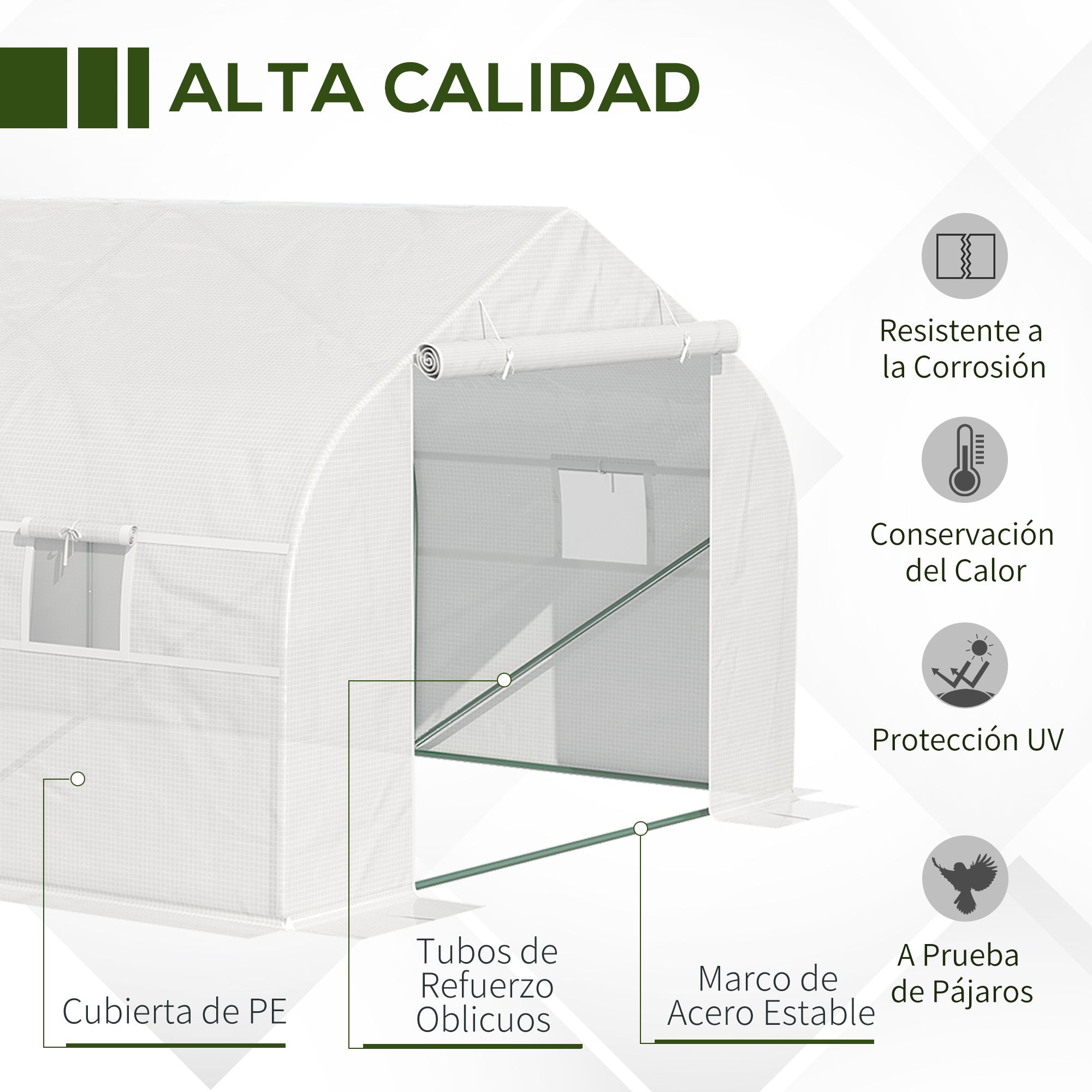 Garden Greenhouse 6x3x2 m Tunnel Type for Planting Vegetables with 8 Breathable Windows and Roll-Up Zipper Door Steel White