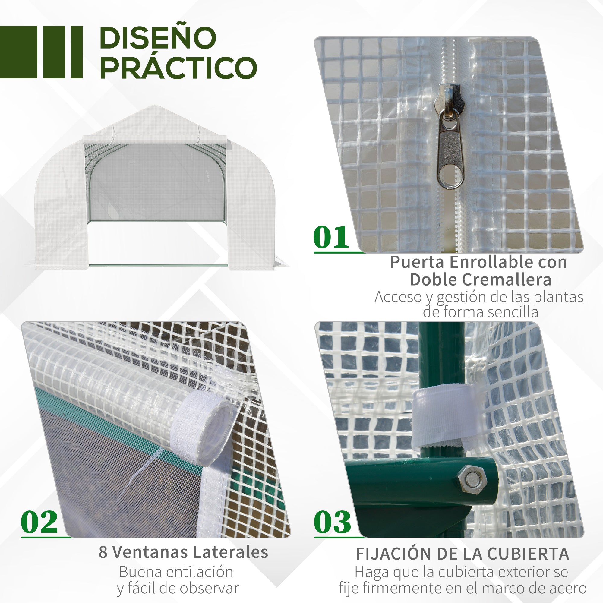 Garden Greenhouse 6x3x2 m Tunnel Type for Planting Vegetables with 8 Breathable Windows and Roll-Up Zipper Door Steel White