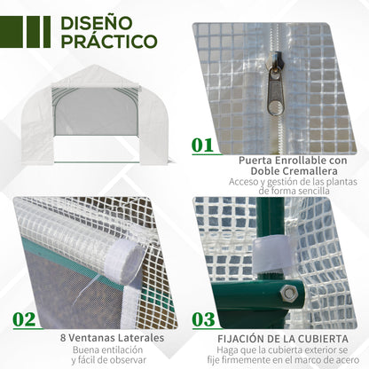 Garden Greenhouse 6x3x2 m Tunnel Type for Planting Vegetables with 8 Breathable Windows and Roll-Up Zipper Door Steel White
