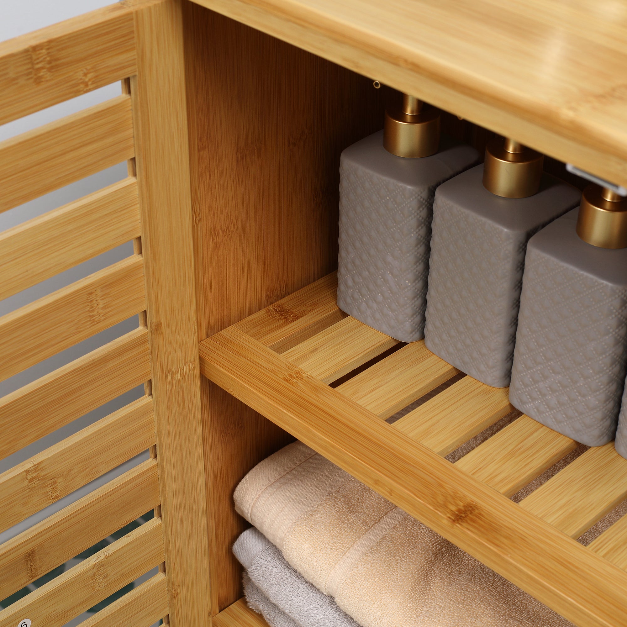 Bathroom Cabinet Vanity Cabinet with 2 Louvered Doors, 2 Interior Shelves, Bamboo Storage Cabinet for Bathroom, Living Room 68 x 32 x 86 cm Natural