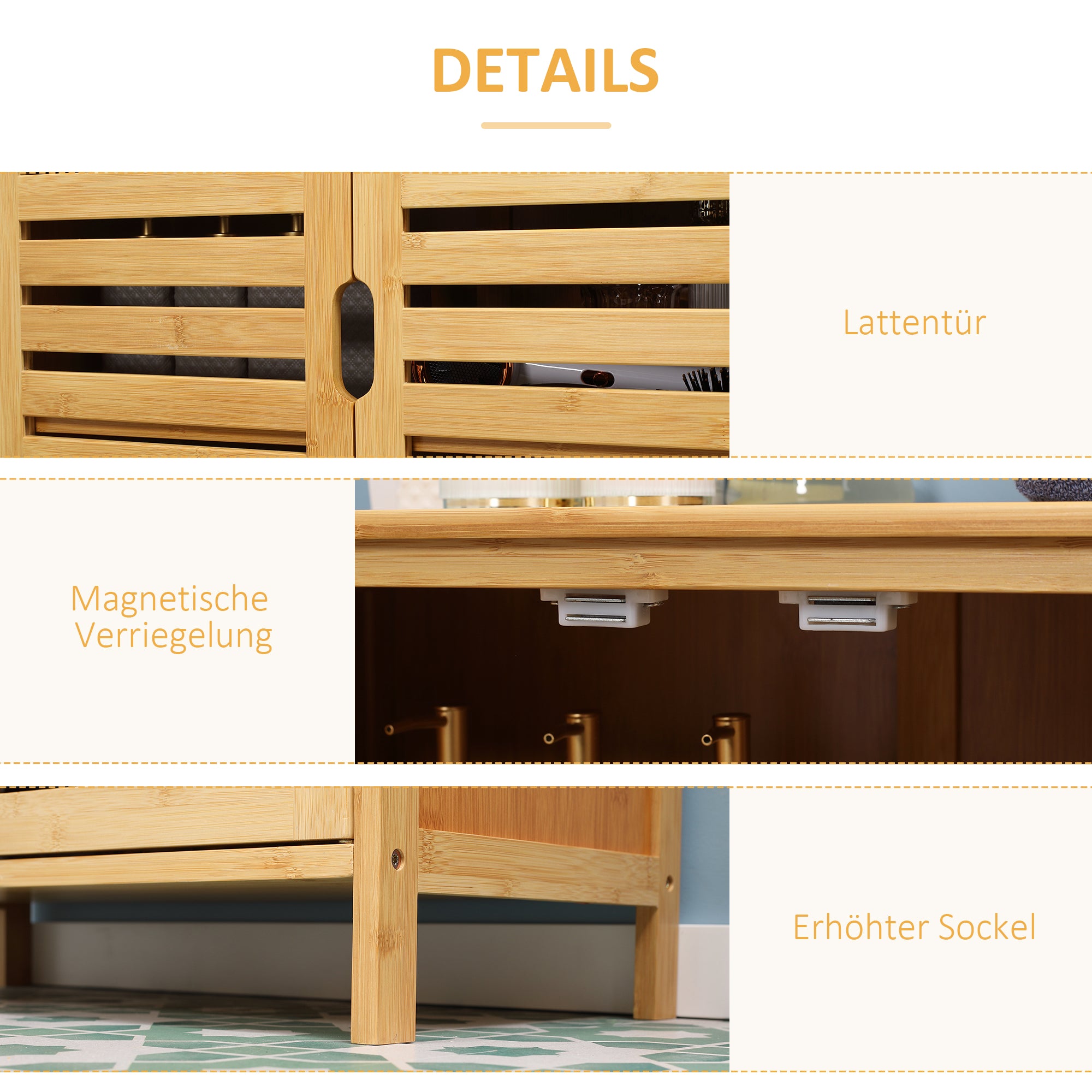 Bathroom Cabinet Vanity Cabinet with 2 Louvered Doors, 2 Interior Shelves, Bamboo Storage Cabinet for Bathroom, Living Room 68 x 32 x 86 cm Natural