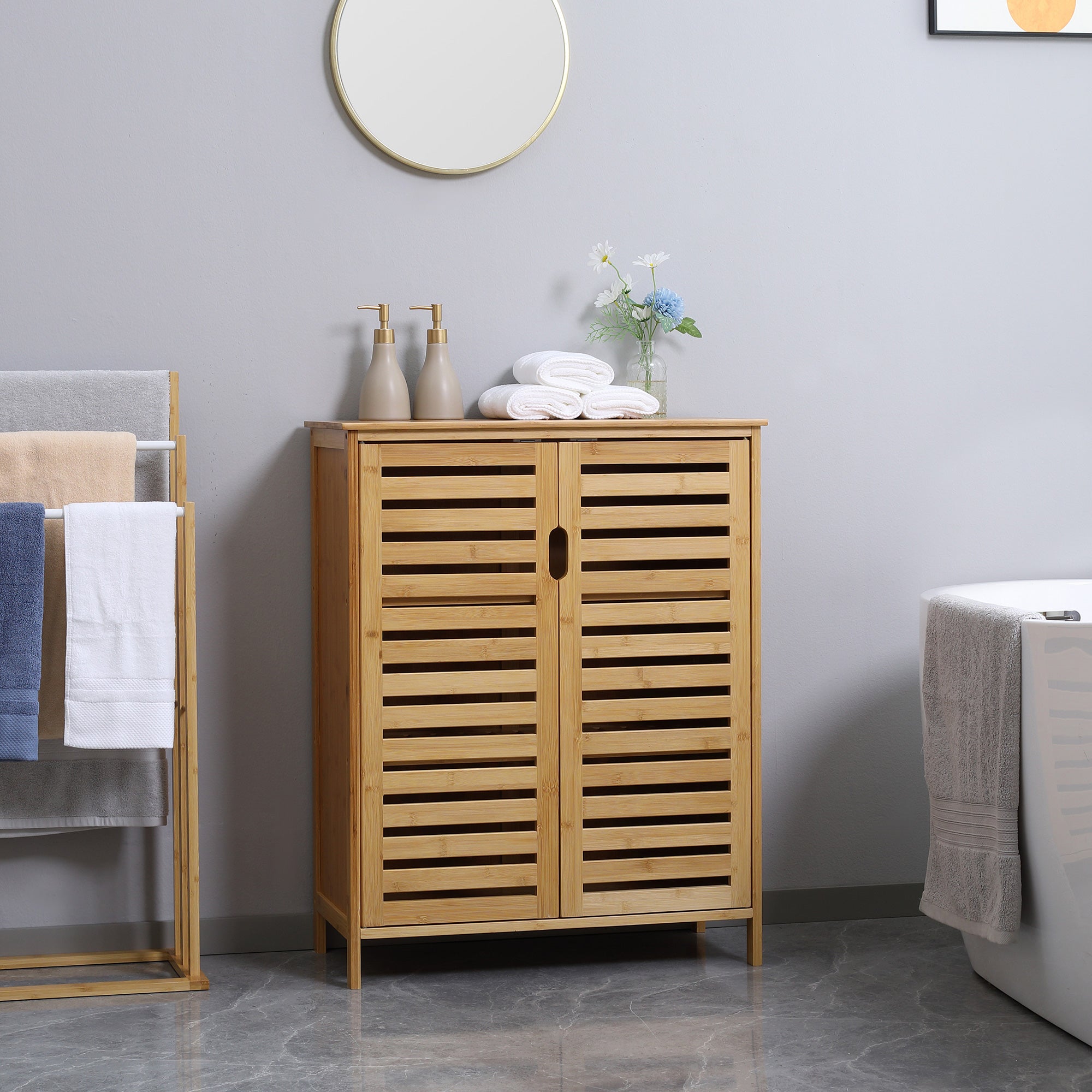 Bathroom Cabinet Vanity Cabinet with 2 Louvered Doors, 2 Interior Shelves, Bamboo Storage Cabinet for Bathroom, Living Room 68 x 32 x 86 cm Natural