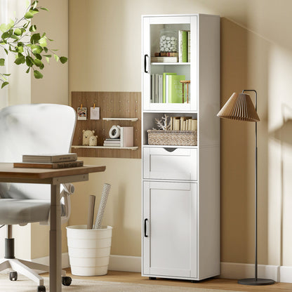 Slim Bathroom Storage Cabinet with Glass Door, Open Shelf, Drawer & Adjustable Shelves — 15.7" x 11.8" x 65", White
