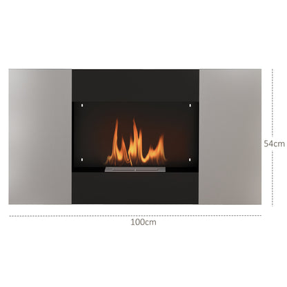Wall-Mounted Bioethanol Fireplace with 0.9L Burner for 3.3 Hours, Built-In Ethanol Fireplace in Stainless Steel, Indoor Ethanol Fireplace with 20sqm Coverage, 100x15x54 cm, Black and Silver