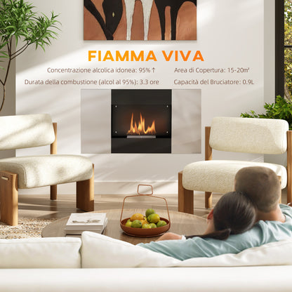 Wall-Mounted Bioethanol Fireplace with 0.9L Burner for 3.3 Hours, Built-In Ethanol Fireplace in Stainless Steel, Indoor Ethanol Fireplace with 20sqm Coverage, 100x15x54 cm, Black and Silver