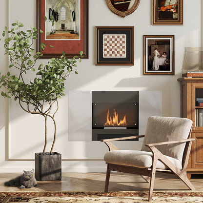 Wall-Mounted Bioethanol Fireplace with 0.9L Burner for 3.3 Hours, Built-In Ethanol Fireplace in Stainless Steel, Indoor Ethanol Fireplace with 20sqm Coverage, 100x15x54 cm, Black and Silver