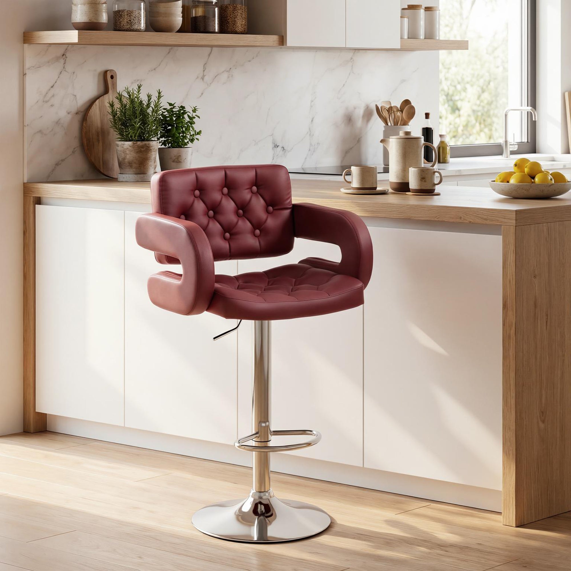 Adjustable PU Bar Stool with Backrest, Armrests & Footrest — Burgundy
