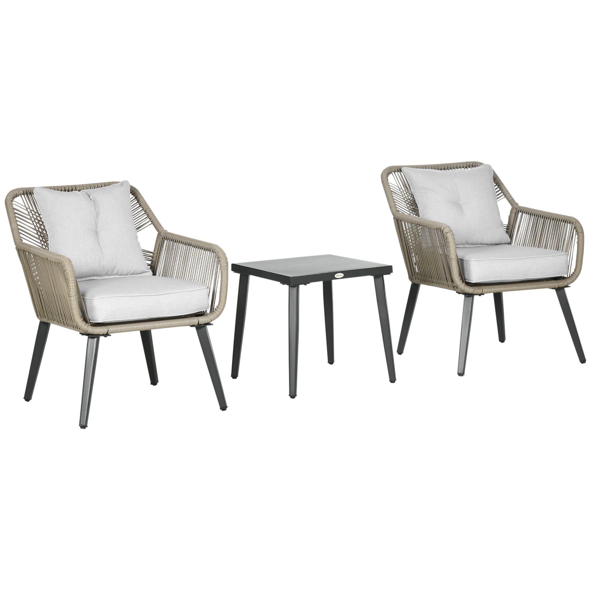3-Piece Garden Table and Chairs Set in PE Rattan and Steel with 2 Modern Chairs and 1 Coffee Table, Dark Gray