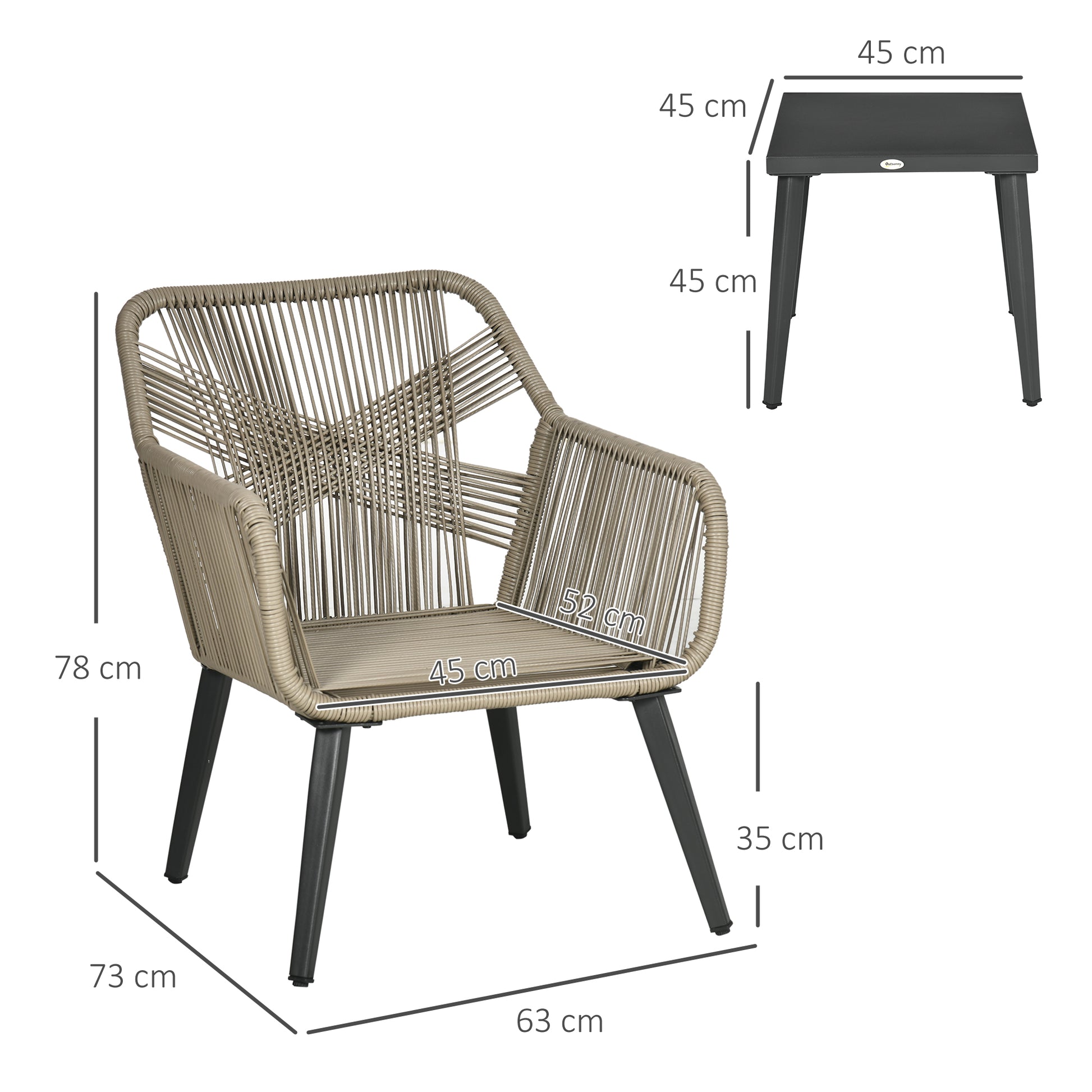 3-Piece Garden Table and Chairs Set in PE Rattan and Steel with 2 Modern Chairs and 1 Coffee Table, Dark Gray