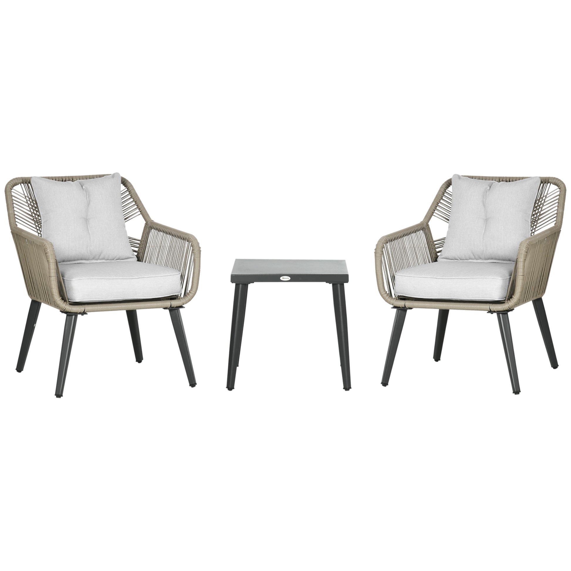 3-Piece Garden Table and Chairs Set in PE Rattan and Steel with 2 Modern Chairs and 1 Coffee Table, Dark Gray