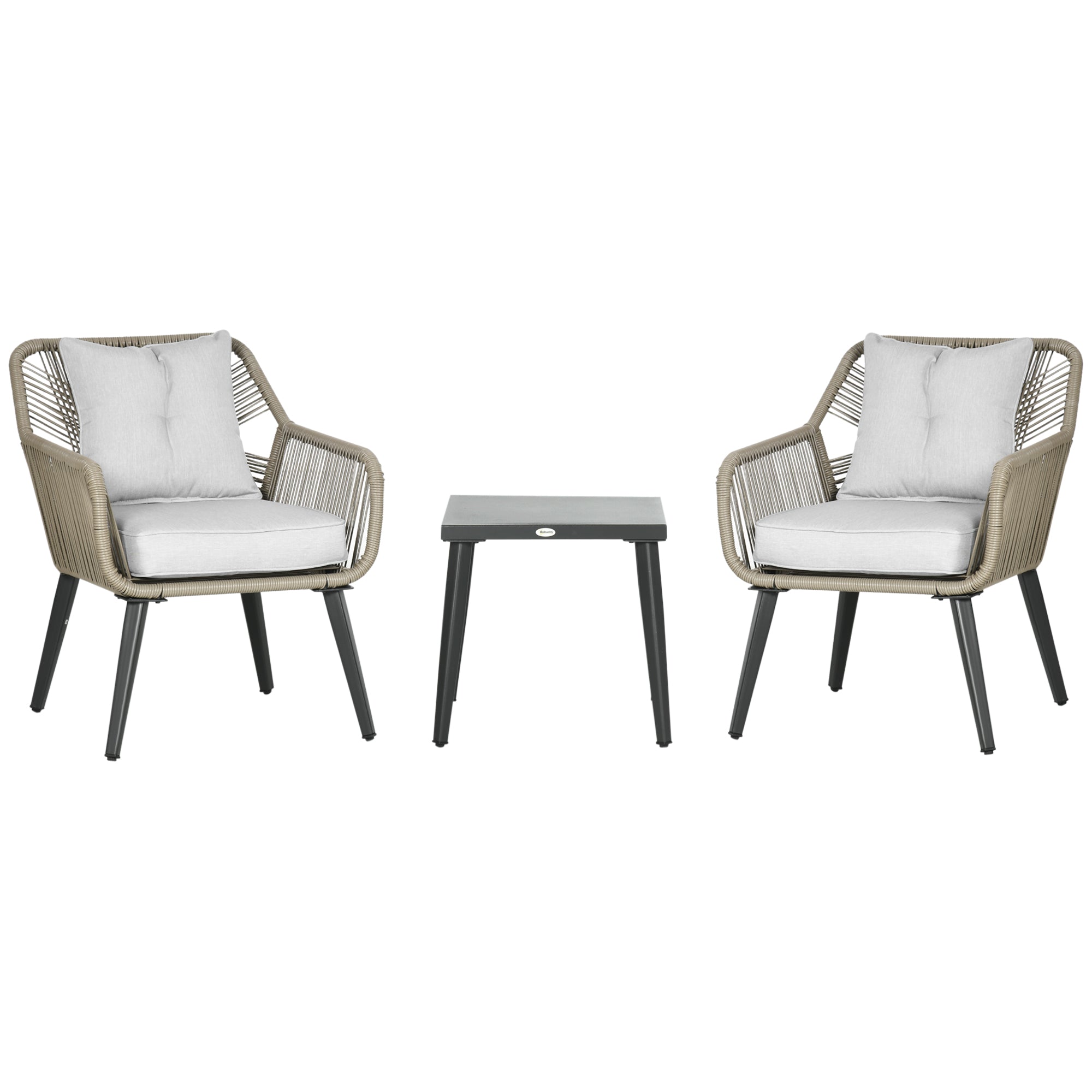 3-Piece Garden Table and Chairs Set in PE Rattan and Steel with 2 Modern Chairs and 1 Coffee Table, Dark Gray