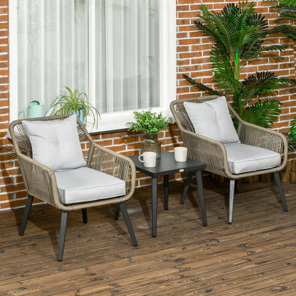 3-Piece Garden Table and Chairs Set in PE Rattan and Steel with 2 Modern Chairs and 1 Coffee Table, Dark Gray