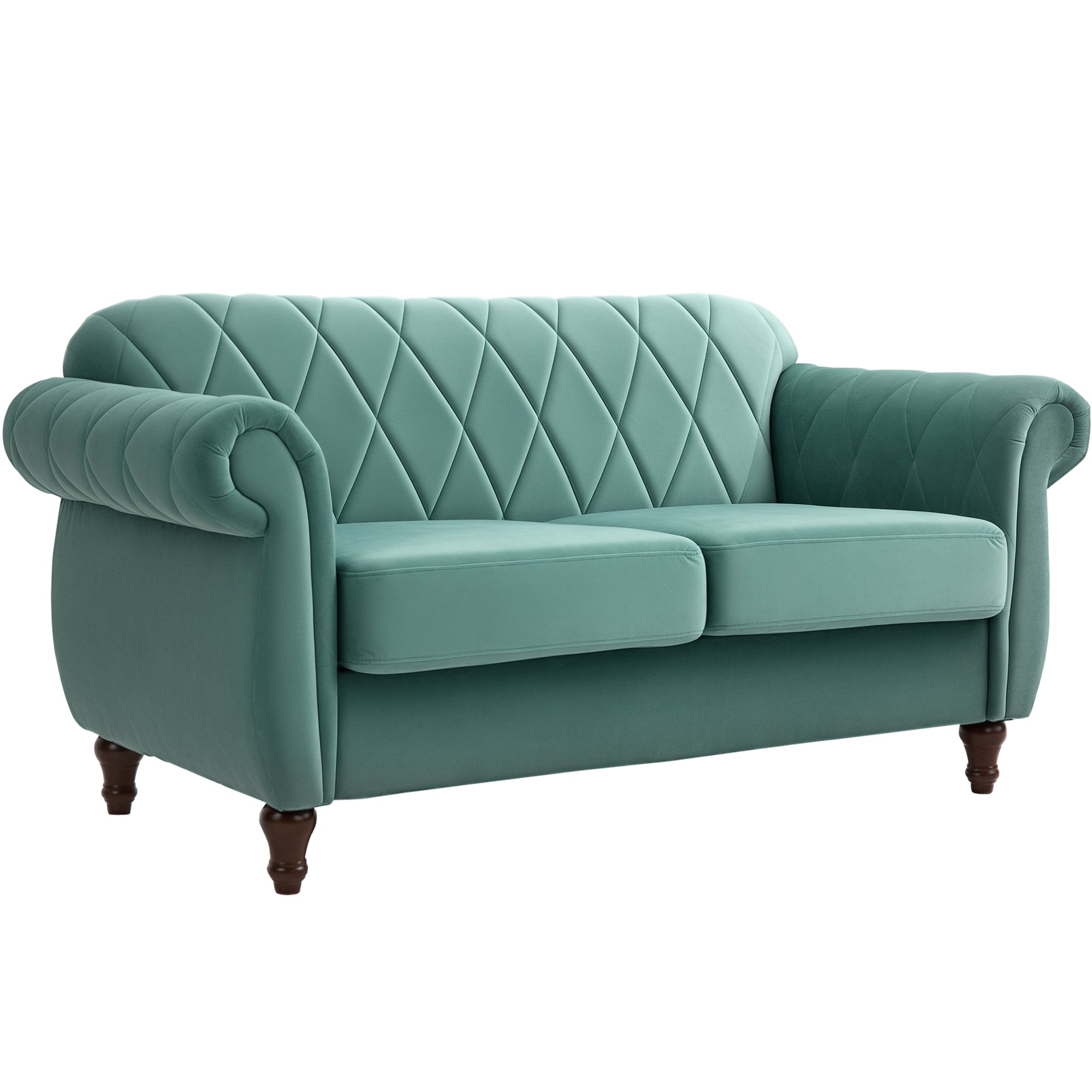 2-Seater Sofa made of Wood and Velvet Green, Thick Padding, Vintage Retro Design for 2 People, 148 x 72 x 76 cm