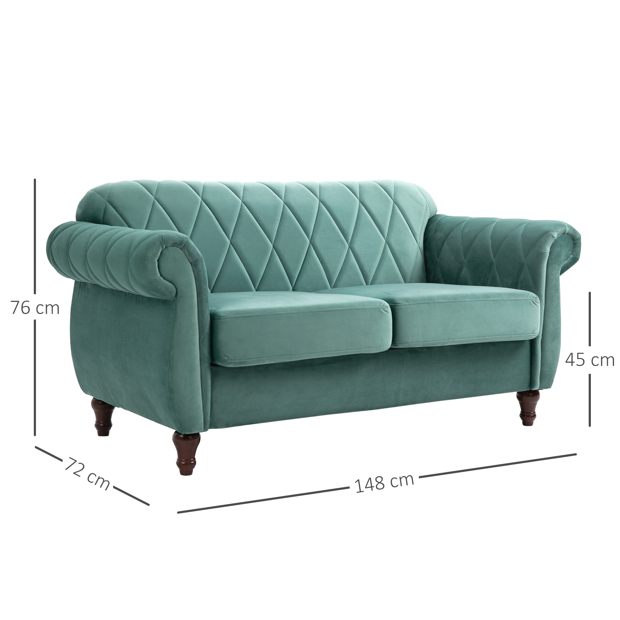 2-Seater Sofa made of Wood and Velvet Green, Thick Padding, Vintage Retro Design for 2 People, 148 x 72 x 76 cm