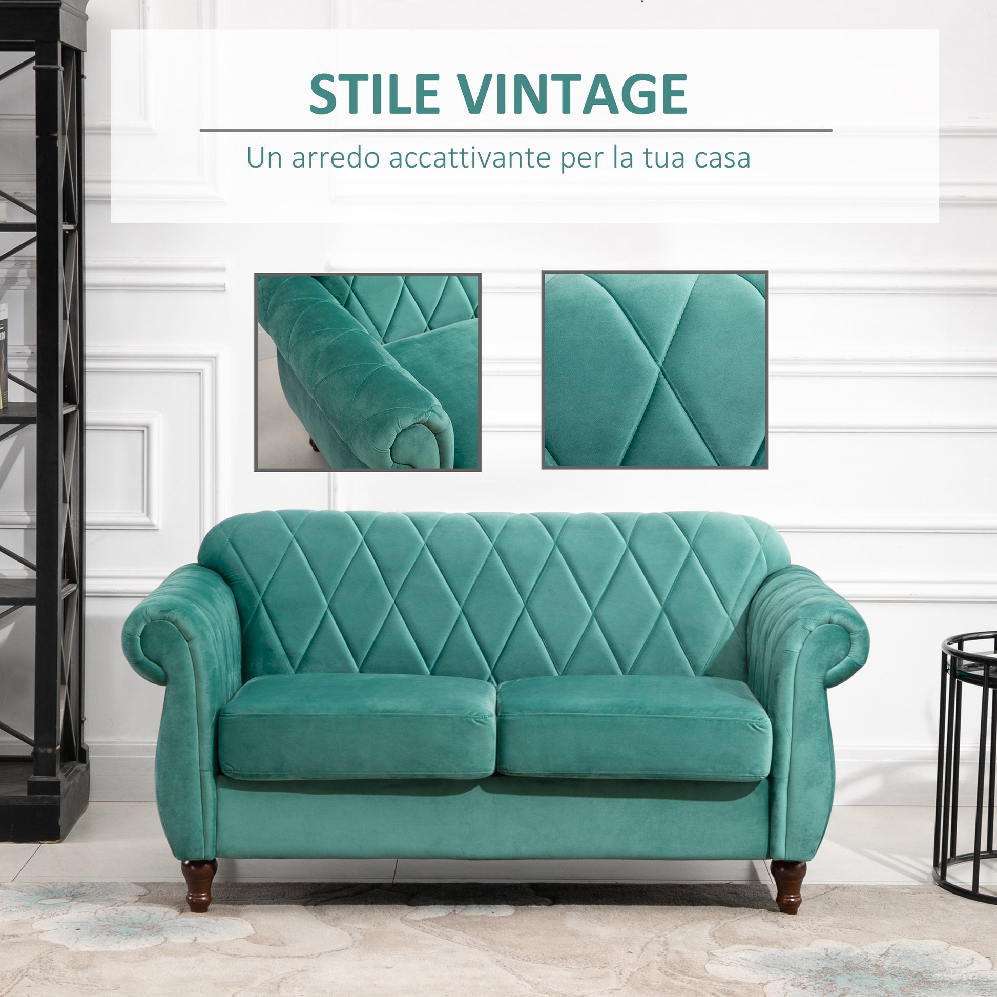 2-Seater Sofa made of Wood and Velvet Green, Thick Padding, Vintage Retro Design for 2 People, 148 x 72 x 76 cm
