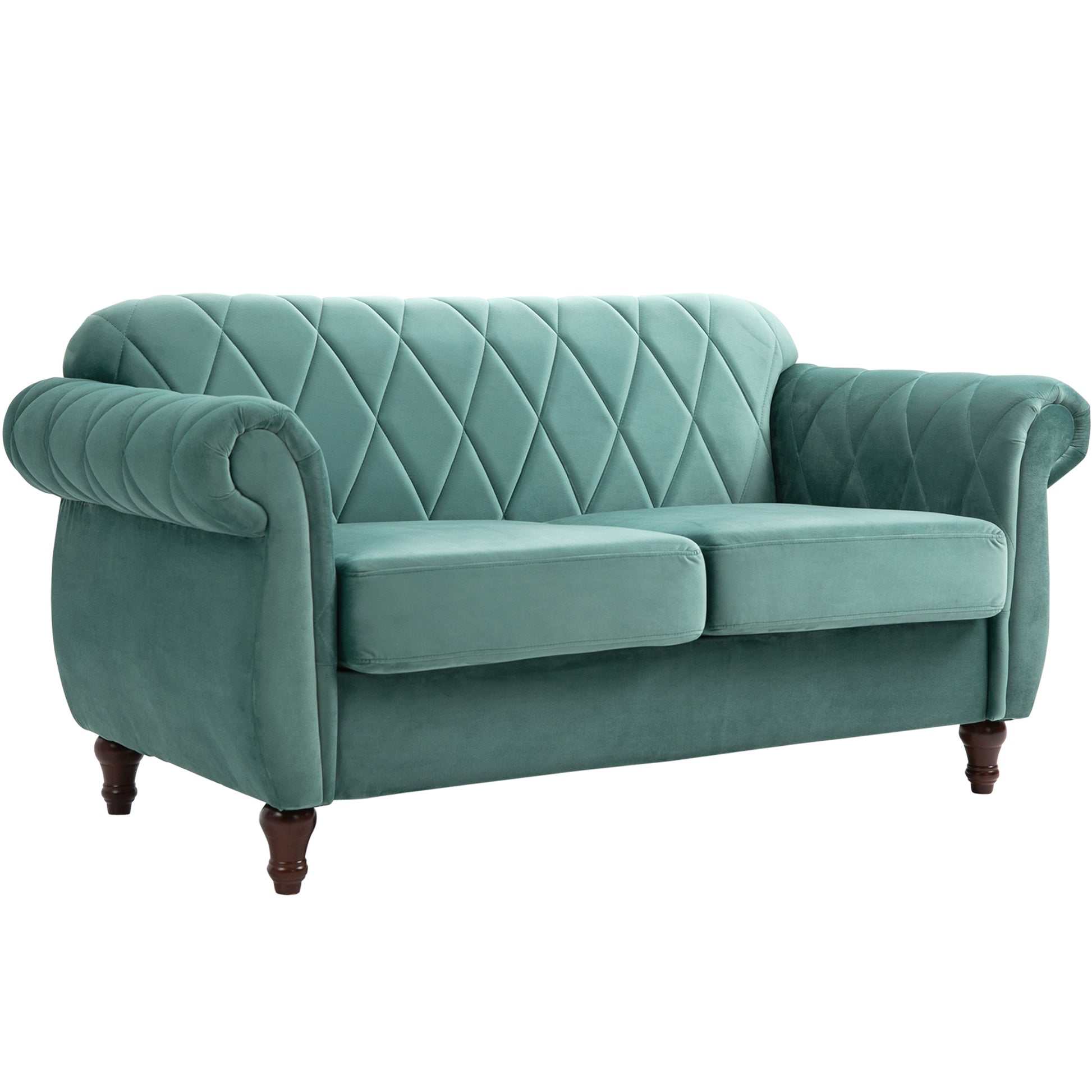 2-Seater Sofa made of Wood and Velvet Green, Thick Padding, Vintage Retro Design for 2 People, 148 x 72 x 76 cm