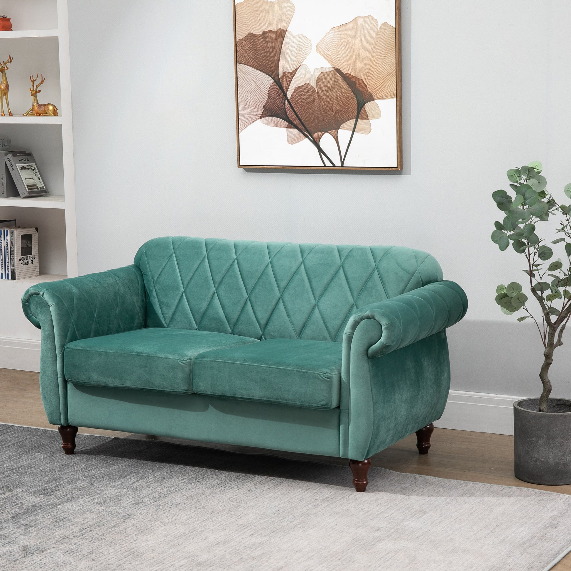 2-Seater Sofa made of Wood and Velvet Green, Thick Padding, Vintage Retro Design for 2 People, 148 x 72 x 76 cm
