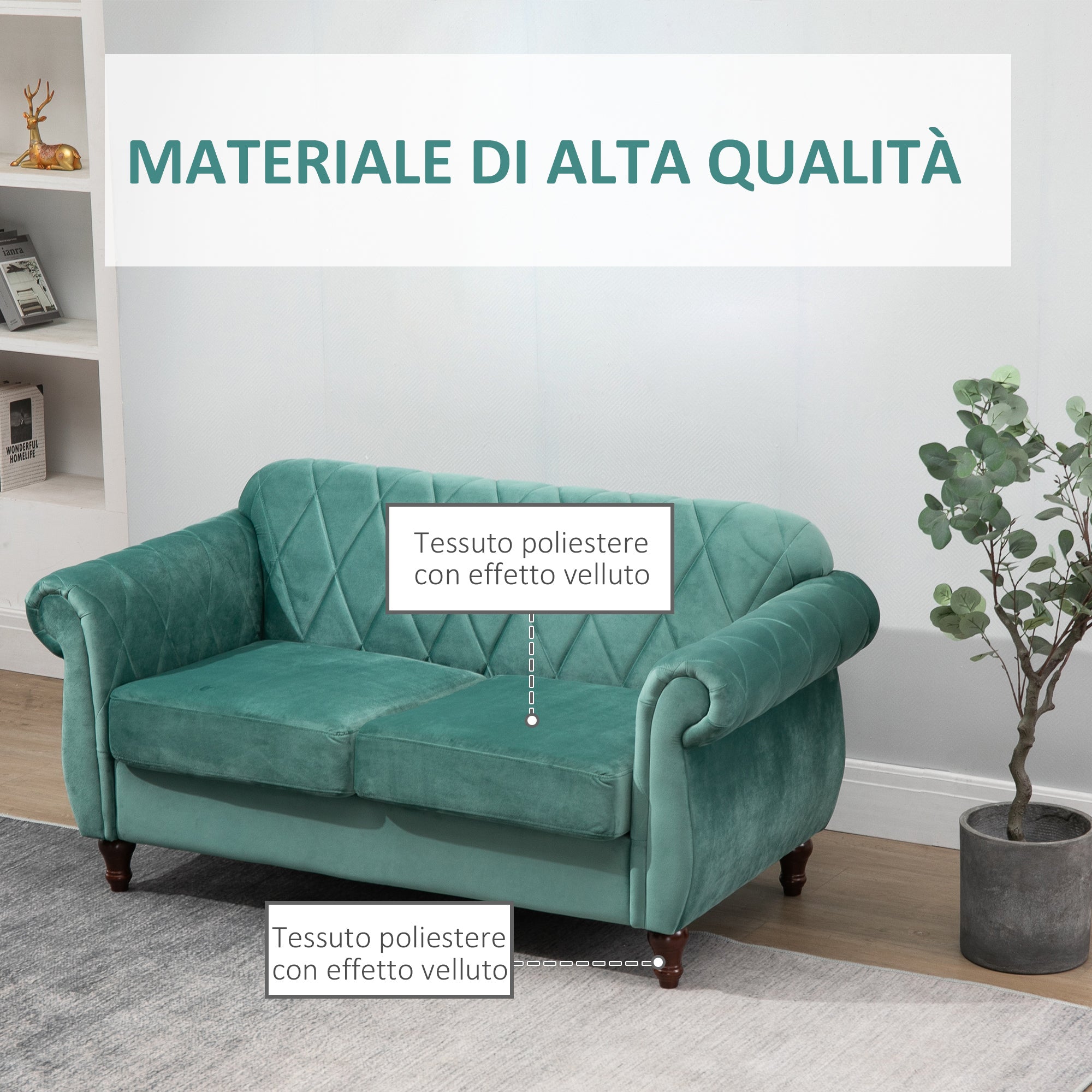 2-Seater Sofa made of Wood and Velvet Green, Thick Padding, Vintage Retro Design for 2 People, 148 x 72 x 76 cm