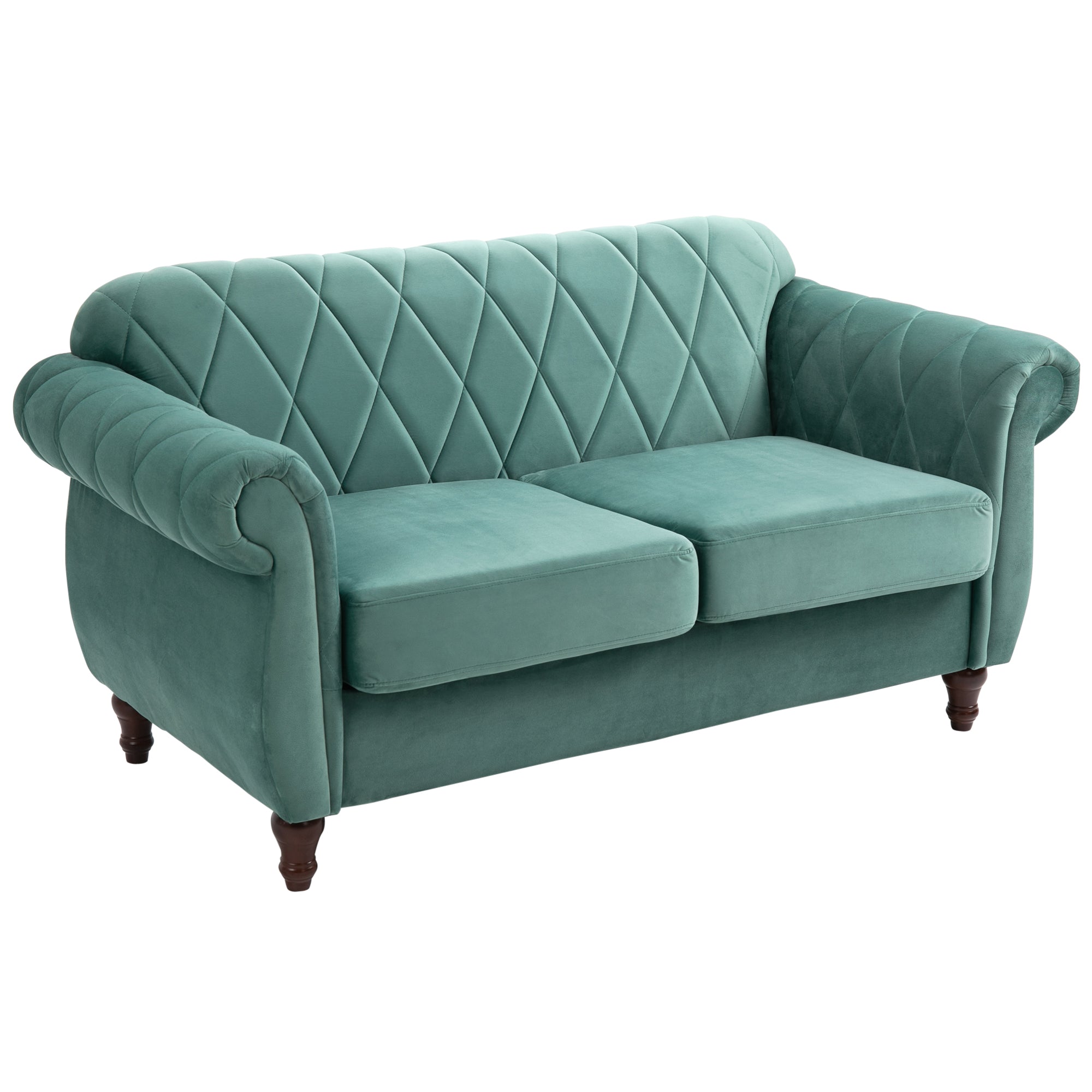 2-Seater Sofa made of Wood and Velvet Green, Thick Padding, Vintage Retro Design for 2 People, 148 x 72 x 76 cm