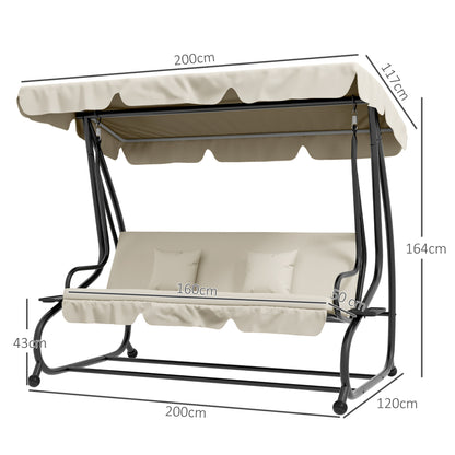 Hollywood Swing with Reclining Function, 3-Seater Garden Swing with Adjustable Canopy, Side Table, Water-Resistant Swing Bench Capacity up to 340kg, for Garden, 200x120x164cm, Cream