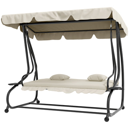Hollywood Swing with Reclining Function, 3-Seater Garden Swing with Adjustable Canopy, Side Table, Water-Resistant Swing Bench Capacity up to 340kg, for Garden, 200x120x164cm, Cream