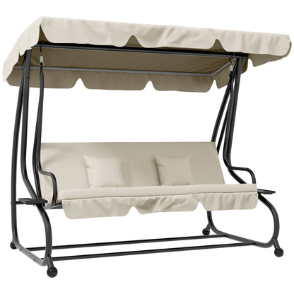 Hollywood Swing with Reclining Function, 3-Seater Garden Swing with Adjustable Canopy, Side Table, Water-Resistant Swing Bench Capacity up to 340kg, for Garden, 200x120x164cm, Cream