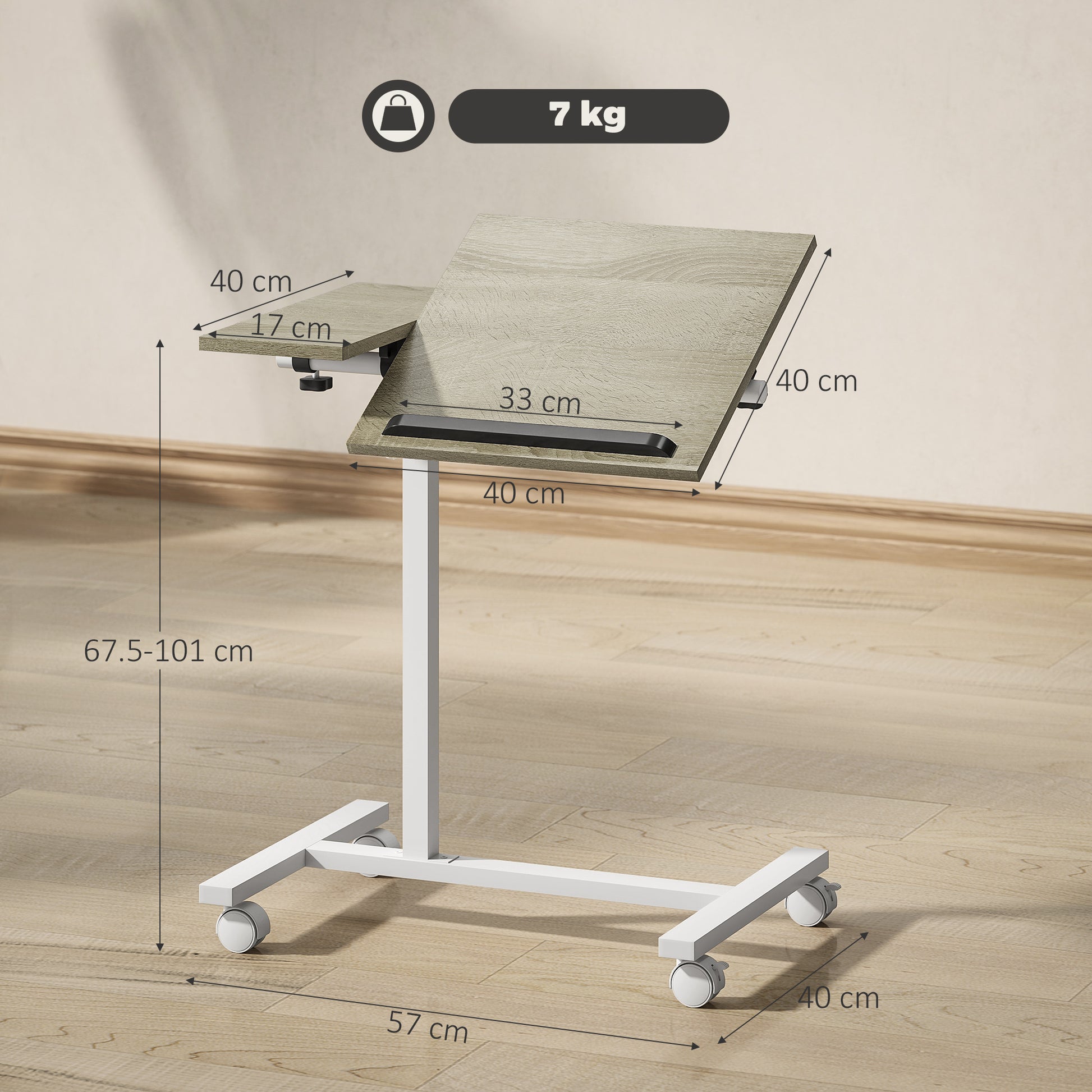 Side Table with Wheels Sofa Table with Adjustable Height Tiltable Surface and Metal Frame for Bedroom Living Room Office 57x40x67.5-101 cm Oak and White