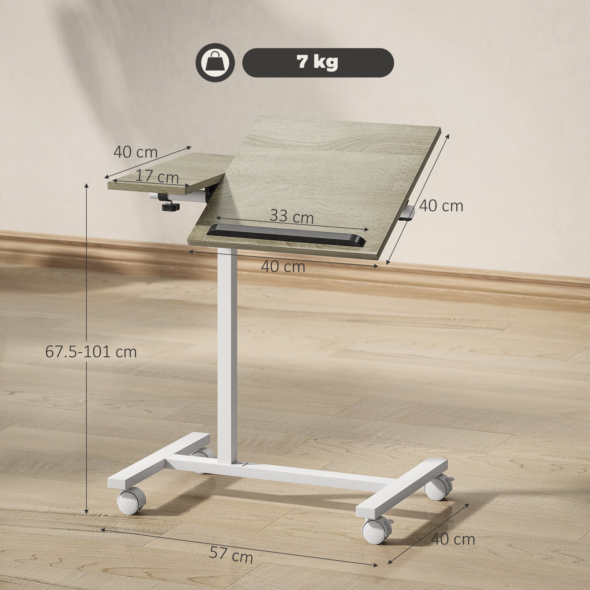 Side Table with Wheels Sofa Table with Adjustable Height Tiltable Surface and Metal Frame for Bedroom Living Room Office 57x40x67.5-101 cm Oak and White