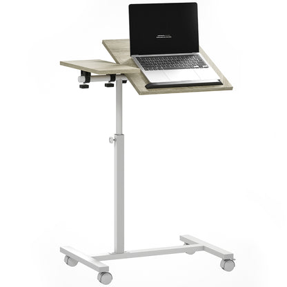 Side Table with Wheels Sofa Table with Adjustable Height Tiltable Surface and Metal Frame for Bedroom Living Room Office 57x40x67.5-101 cm Oak and White