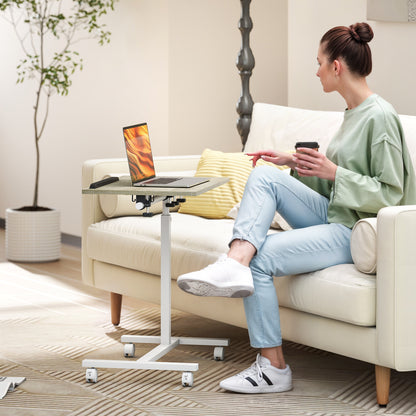 Side Table with Wheels Sofa Table with Adjustable Height Tiltable Surface and Metal Frame for Bedroom Living Room Office 57x40x67.5-101 cm Oak and White