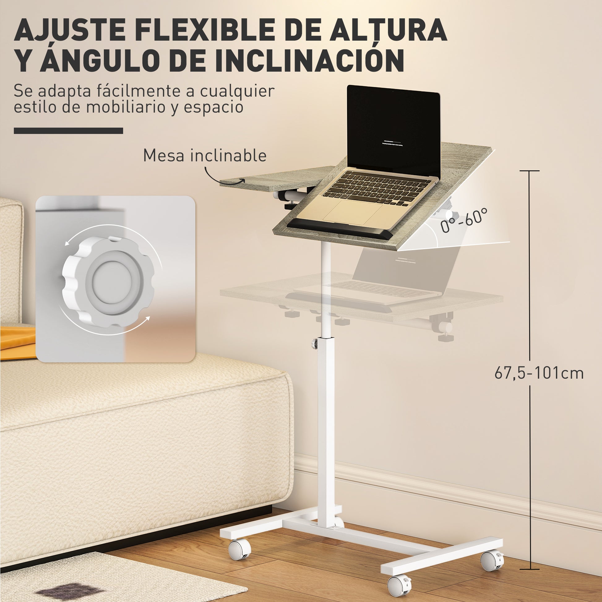 Side Table with Wheels Sofa Table with Adjustable Height Tiltable Surface and Metal Frame for Bedroom Living Room Office 57x40x67.5-101 cm Oak and White