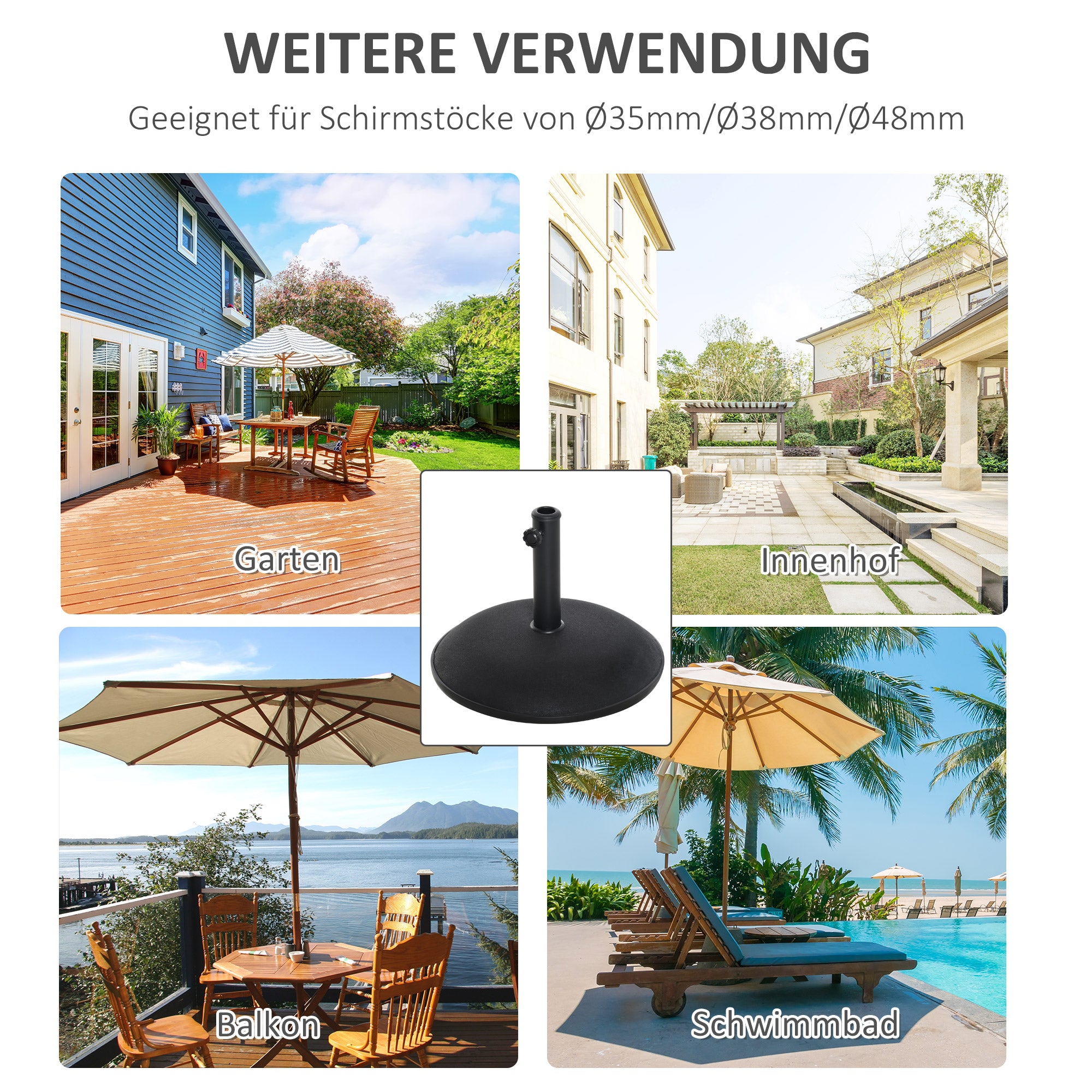 stainless steel parasol stand with handles, half-round umbrella holder, umbrella weight for umbrella Ø3.8-Ø4.8 cm, for balcony, terrace, garden, black