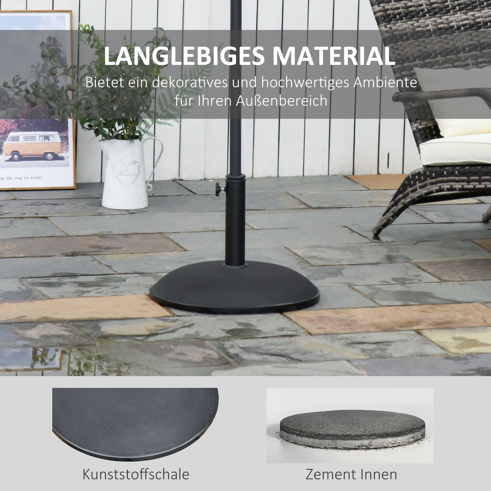 stainless steel parasol stand with handles, half-round umbrella holder, umbrella weight for umbrella Ø3.8-Ø4.8 cm, for balcony, terrace, garden, black