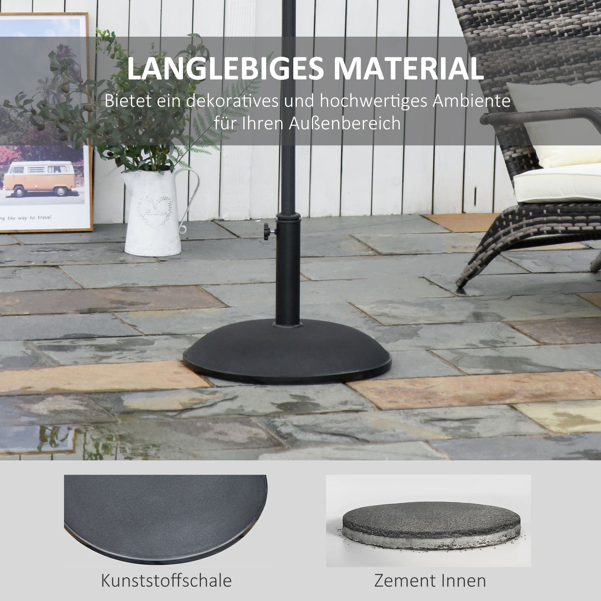 stainless steel parasol stand with handles, half-round umbrella holder, umbrella weight for umbrella Ø3.8-Ø4.8 cm, for balcony, terrace, garden, black