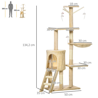 Scratching Post 134.2 cm Cat Tower with Cave, 2 Toys, Sisal Posts, Large Platform, Stairs, Multi-Level Cat Scratching Post, Climbing Tree, for Medium-sized Cats, Beige+White