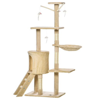 Scratching Post 134.2 cm Cat Tower with Cave, 2 Toys, Sisal Posts, Large Platform, Stairs, Multi-Level Cat Scratching Post, Climbing Tree, for Medium-sized Cats, Beige+White