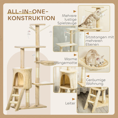 Scratching Post 134.2 cm Cat Tower with Cave, 2 Toys, Sisal Posts, Large Platform, Stairs, Multi-Level Cat Scratching Post, Climbing Tree, for Medium-sized Cats, Beige+White