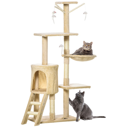 Scratching Post 134.2 cm Cat Tower with Cave, 2 Toys, Sisal Posts, Large Platform, Stairs, Multi-Level Cat Scratching Post, Climbing Tree, for Medium-sized Cats, Beige+White
