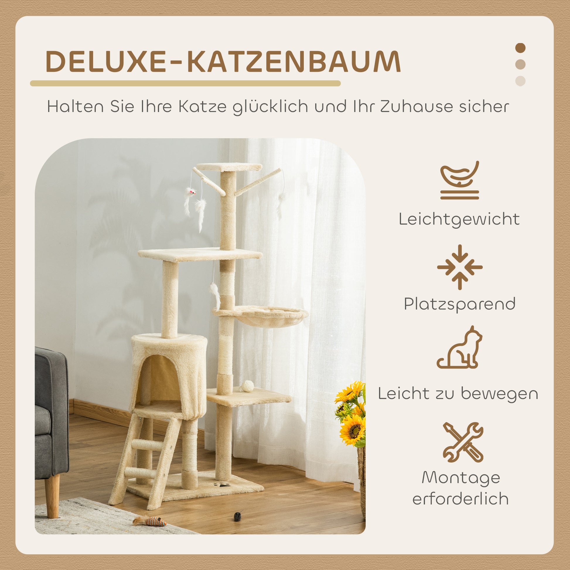 Scratching Post 134.2 cm Cat Tower with Cave, 2 Toys, Sisal Posts, Large Platform, Stairs, Multi-Level Cat Scratching Post, Climbing Tree, for Medium-sized Cats, Beige+White