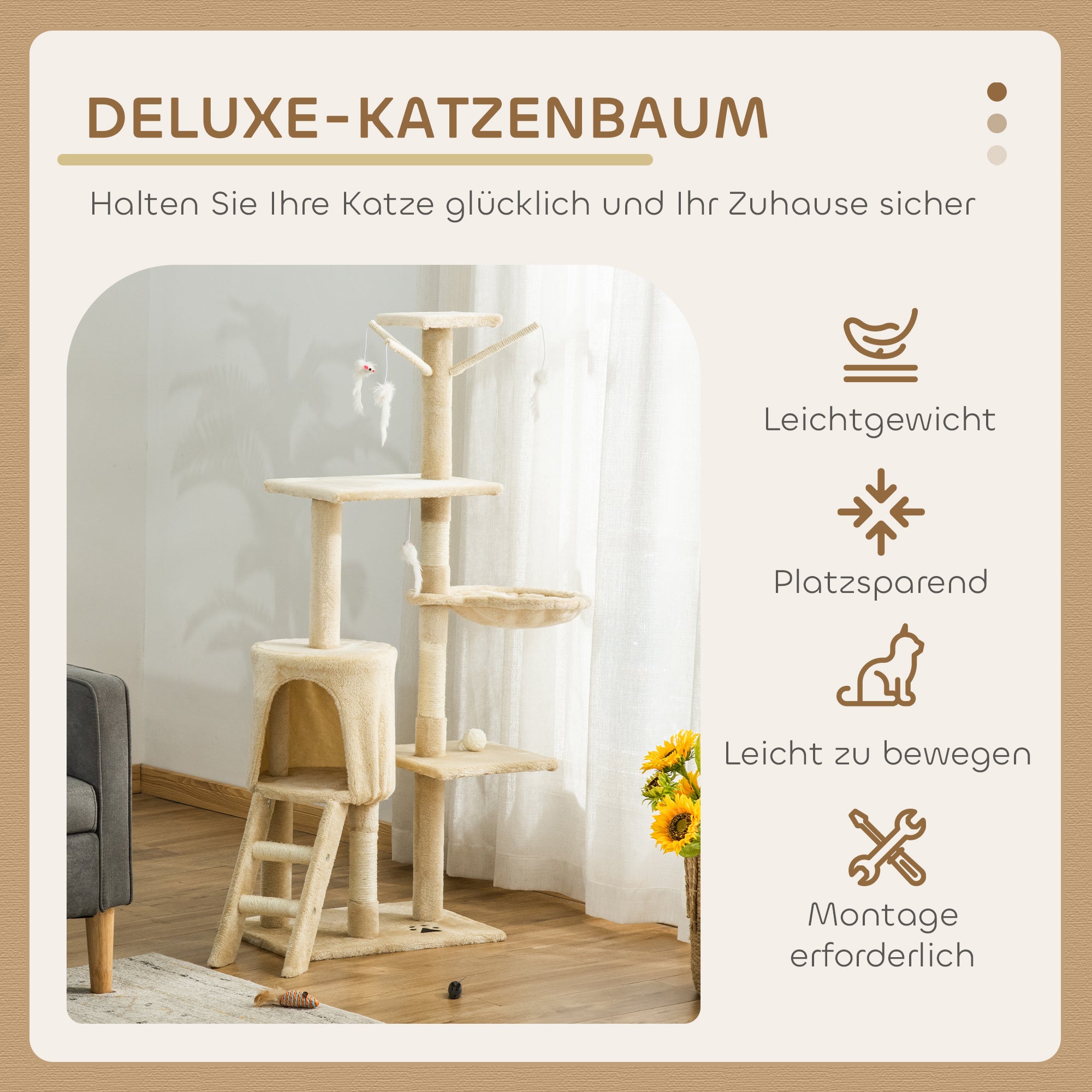 Scratching Post 134.2 cm Cat Tower with Cave, 2 Toys, Sisal Posts, Large Platform, Stairs, Multi-Level Cat Scratching Post, Climbing Tree, for Medium-sized Cats, Beige+White