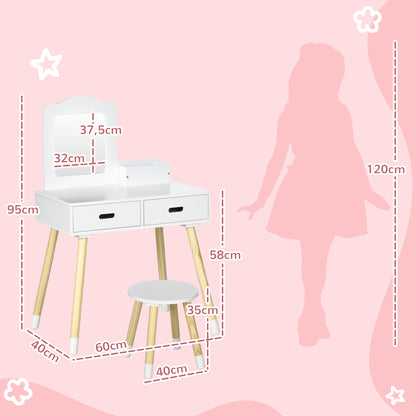 ZONEKIZ Girls Vanity Table Children's Wooden Vanity with Stool and Mirror Beauty Center with 2 Drawers Educational Toy for Girls 3-6 Years 60x40x95 cm White