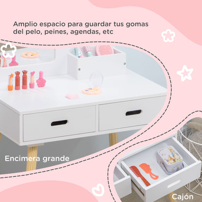 ZONEKIZ Girls Vanity Table Children's Wooden Vanity with Stool and Mirror Beauty Center with 2 Drawers Educational Toy for Girls 3-6 Years 60x40x95 cm White