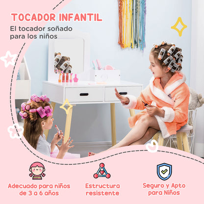 ZONEKIZ Girls Vanity Table Children's Wooden Vanity with Stool and Mirror Beauty Center with 2 Drawers Educational Toy for Girls 3-6 Years 60x40x95 cm White